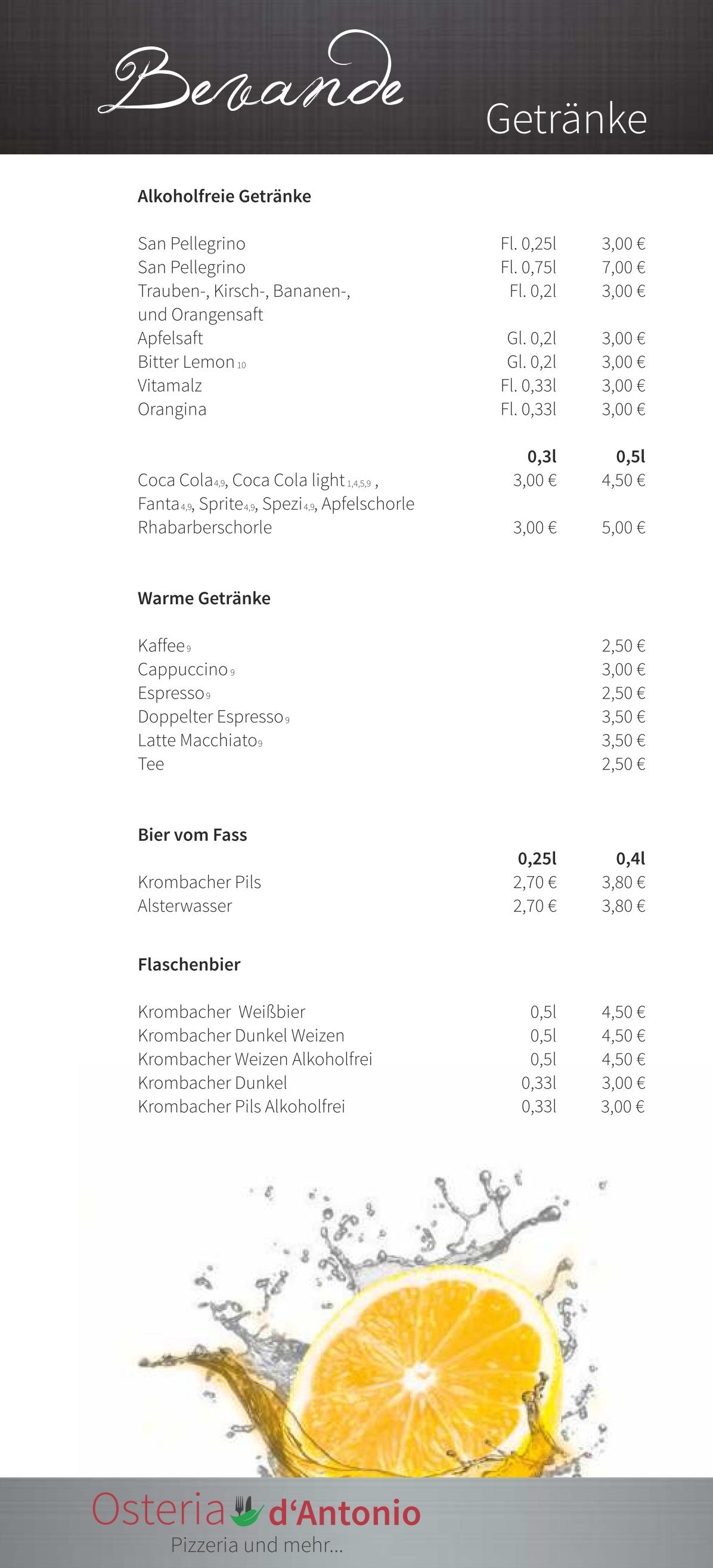 Speisekarte - Osteria d'Antonio